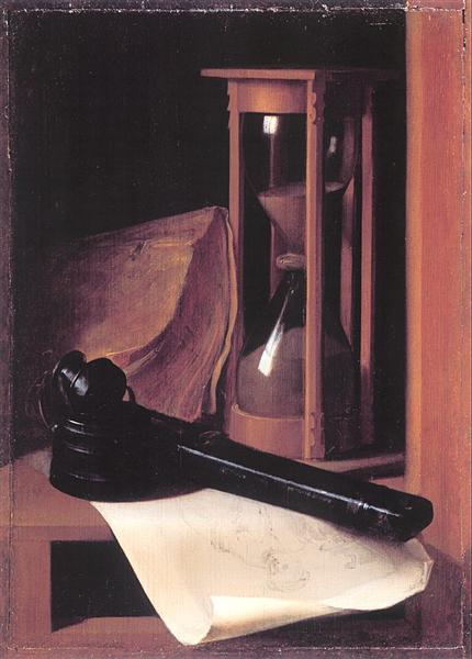 Still Life with Hourglass, Pencase and Print - Gerrit Dou