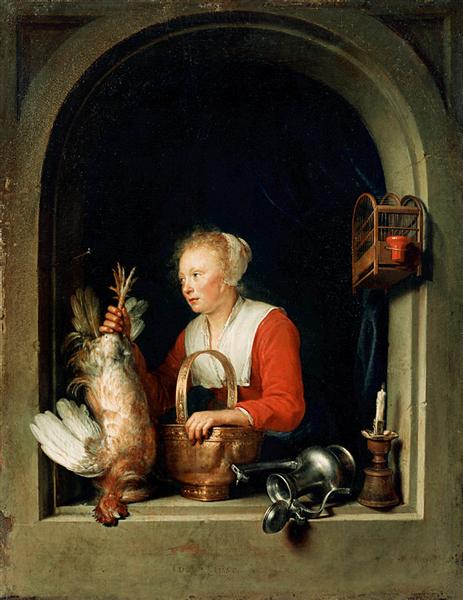 The Dutch Housewife or, The Woman Hanging a Cockerel in the Window, 1650 - Gerrit Dou