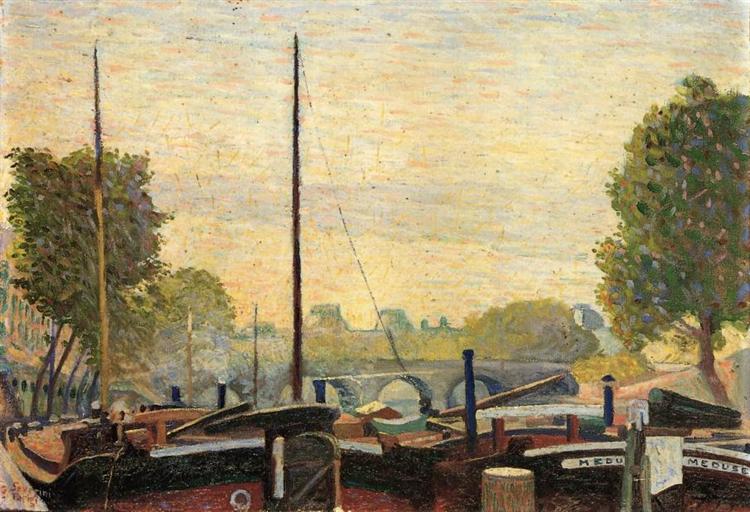 Paris, The Seine, the Barges of the Louvre, c.1908 - Джино Северини