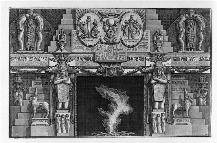 Egyptian-style fireplace, flanked by two kneeling female figures - Джованні Баттіста Піранезі