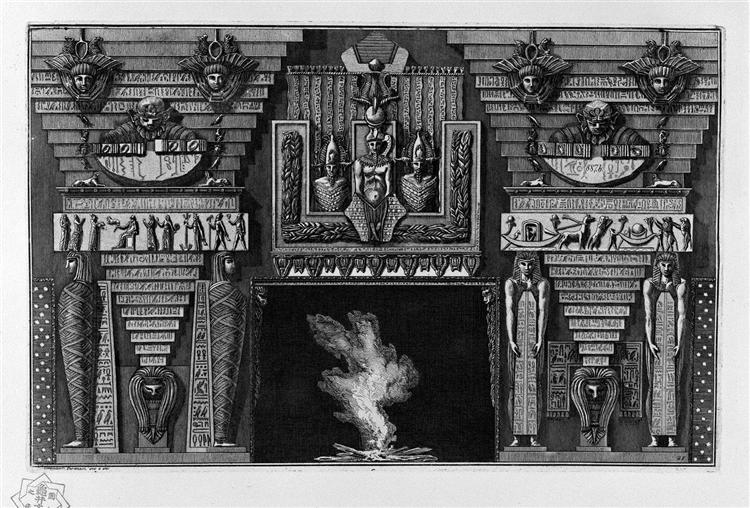 Egyptian-style fireplace, two figures on the right foot, since two mummies - Giovanni Battista Piranesi