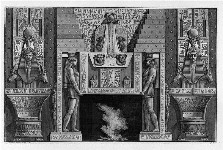 Egyptian-style fireplace, two large sides with figures supporting the top - Джованні Баттіста Піранезі