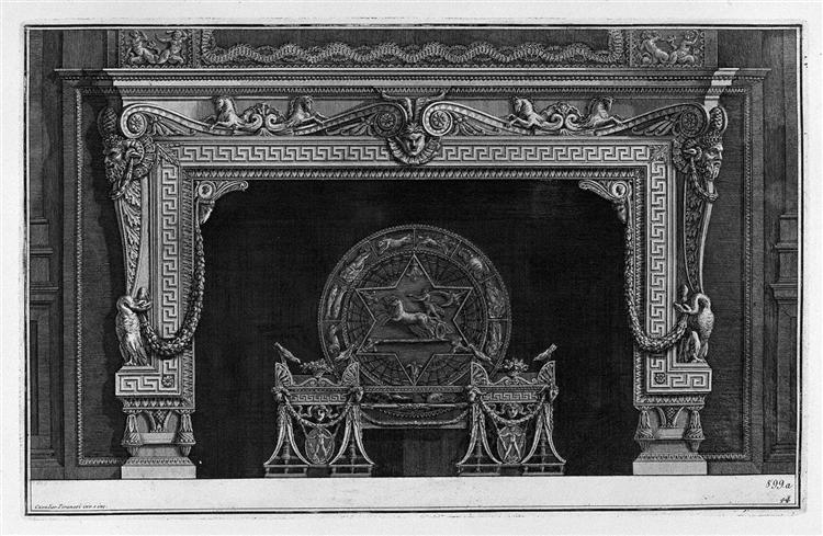 Fireplace: frieze of scrolls and sea horses with central mask, a rich interior wing - Giovanni Battista Piranesi