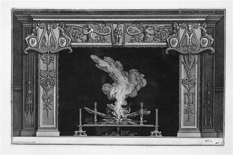 Fireplace: in the center of the frieze figures of warriors standing up on each side, top, two small figures of goddesses sitting on cameos head of Medusa - Giovanni Battista Piranesi