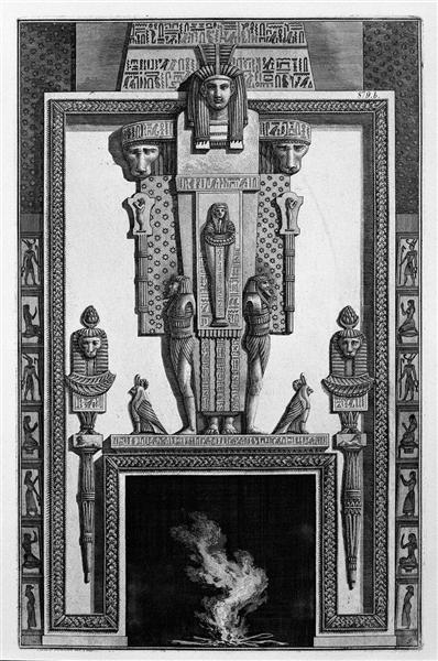 Fireplace topped by a large Egyptian-style caryatids, from a variety of decorative elements - Джованни Баттиста Пиранези