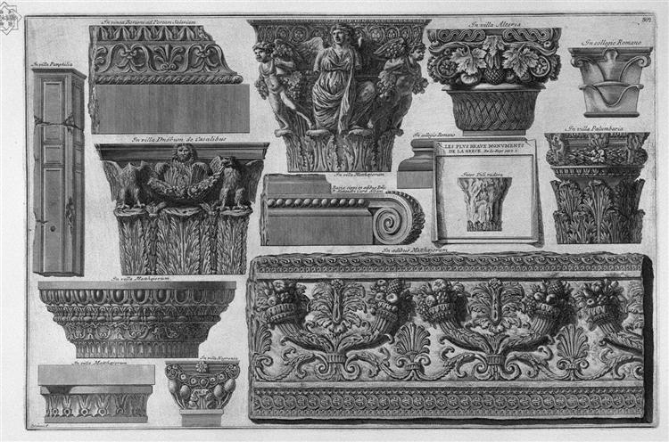 Several capitals and a frieze of Roman Villas - Джованни Баттиста Пиранези