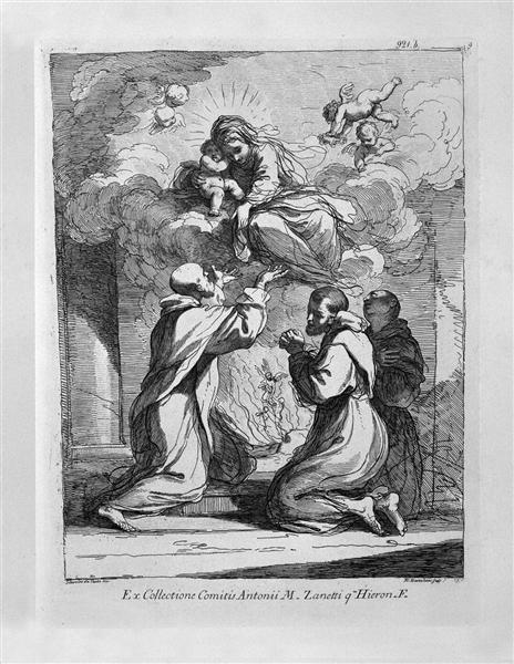 The Blessed Virgin and St. Child appear three religious kneeling - Джованні Баттіста Піранезі