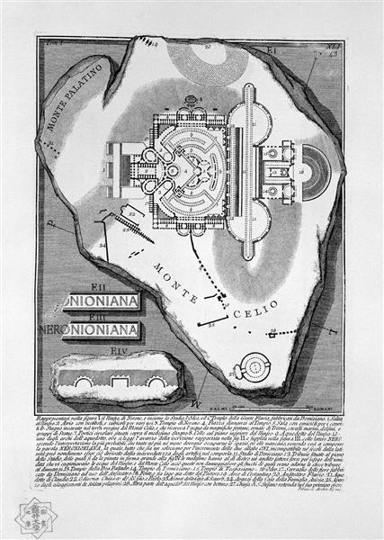 The Roman antiquities, t. 1, Plate XLI. The Nymphaeum of Nero, the Stadium, the `Odeo, and the Temples of the people Flavia, manufactured by Domitian, 1756 - Giovanni Battista Piranesi