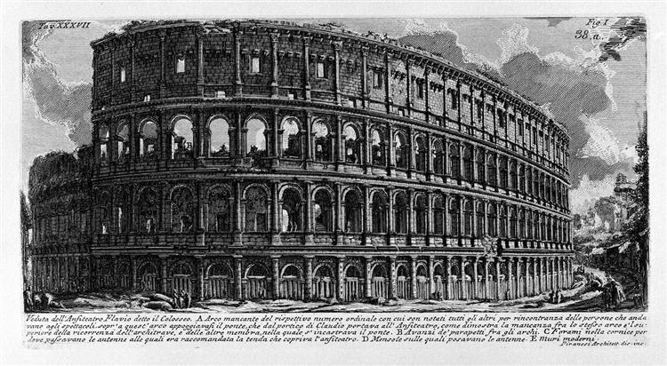 The Roman antiquities, t. 1, Plate XXXVII. View of Flavian Amphitheatre and the Colosseum., 1756 - Giovanni Battista Piranesi