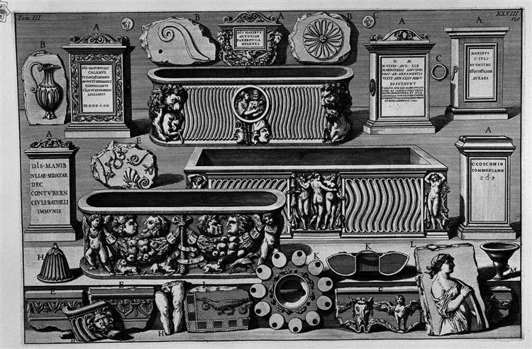 The Roman antiquities, t. 3, Plate XXVIII. Stones, sarcophagi and other objects found in burial chambers above. - Giovanni Battista Piranesi