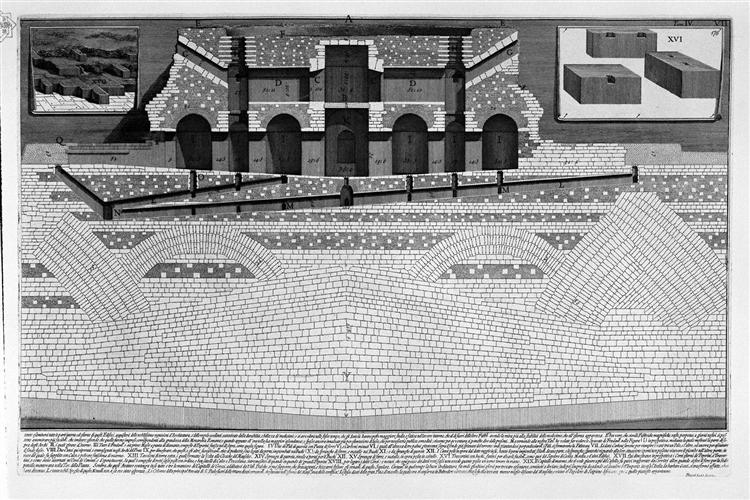 The Roman antiquities, t. 4, Plate VIII. Cutaway view of the Mausoleum of Hadrian and the Elio Bridge St. Angel. - Джованни Баттиста Пиранези