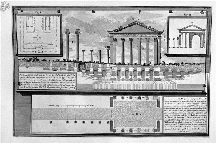 The Roman antiquities, t. 4, Plate XXXIX. Plans and elevations of the remains of the Portico d`Ottavia. - Джованни Баттиста Пиранези