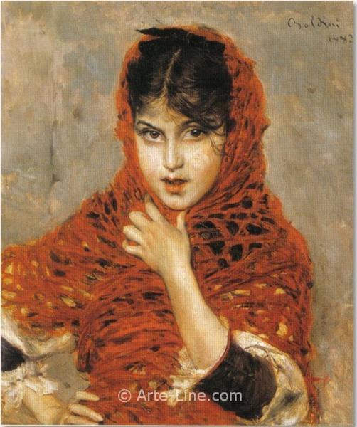 Girl with the red shawl, 1883 - Джованни Болдини