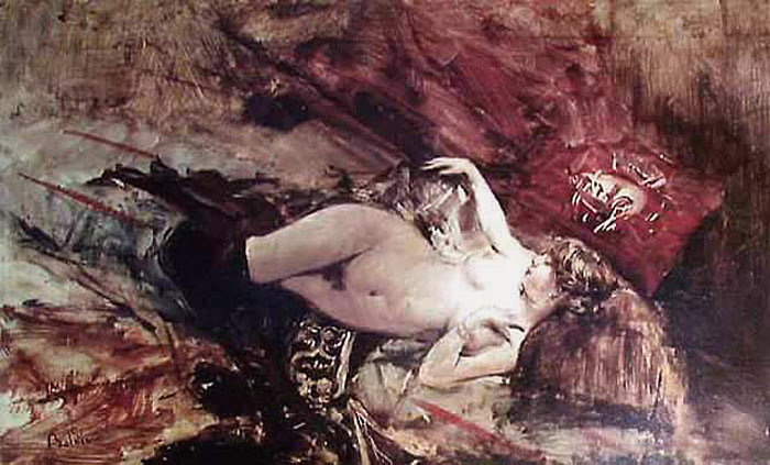 Naked young woman lying down with black stockings, c.1885 - Джованні Болдіні