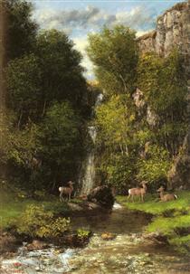 A Family of Deer in a Landscape with a Waterfall - 庫爾貝