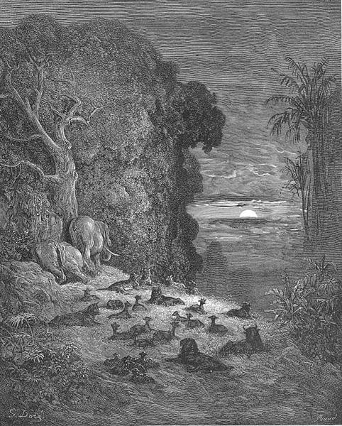 And now on earth the seventh Evening arose in Eden - Gustave Dore