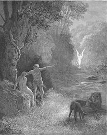 Eastward amoung those trees, what glorious shape Comes this way moving - Gustave Dore