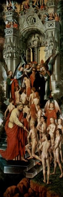 Tríptico (aba esquerda) do O Último Julgamento, os Abençoados nas Portas do Céu (Paraíso) com São Pedro - Hans Memling