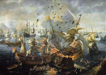The explosion of the Spanish flagship during the Battle of Gibraltar, 25 April 1607 - Hendrick Cornelisz Vroom