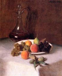 A Carafe of Wine and Plate of Fruit on a White Tablecloth - Henri Fantin-Latour