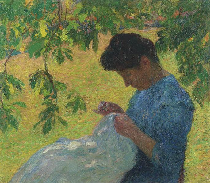 Young Woman Sewing in the Garden - Анрі Мартен
