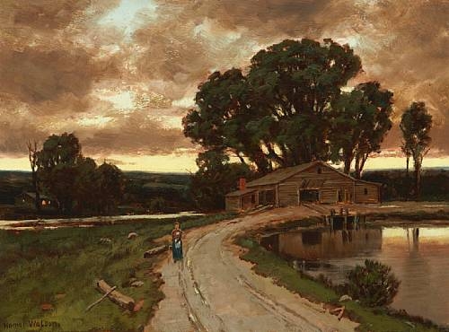 Figure on the road and farmhouse at sunset - Homer Watson