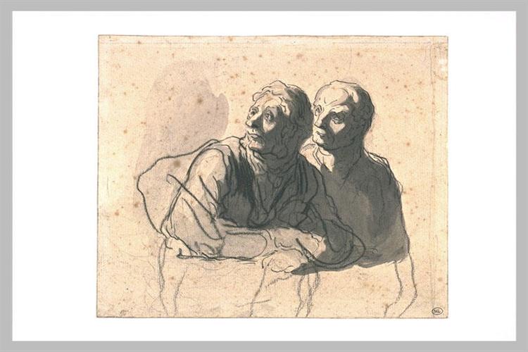 Two men looking at mid body to the left - Honore Daumier