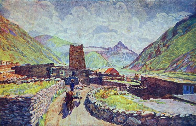 Грузия. Казбек. Вид на гору Кабарджино и аул, c.1920 - Илья Машков