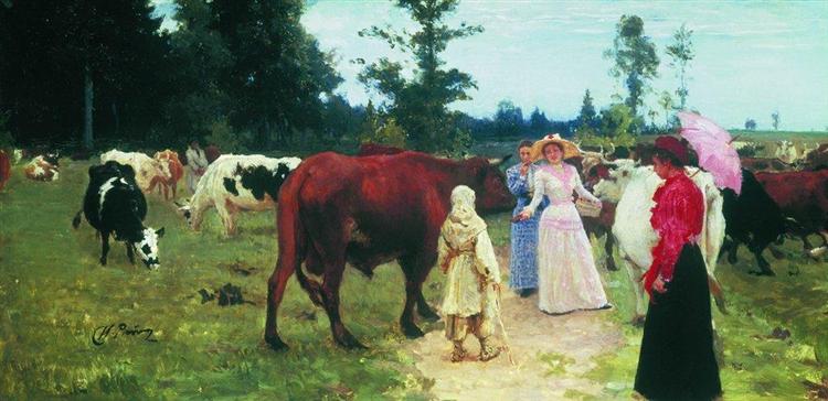 Young ladys walk among herd of cow - 列賓