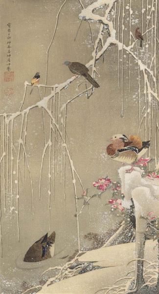 Willow Tree and Mandarin Ducks in the Snow - Ito Jakuchu