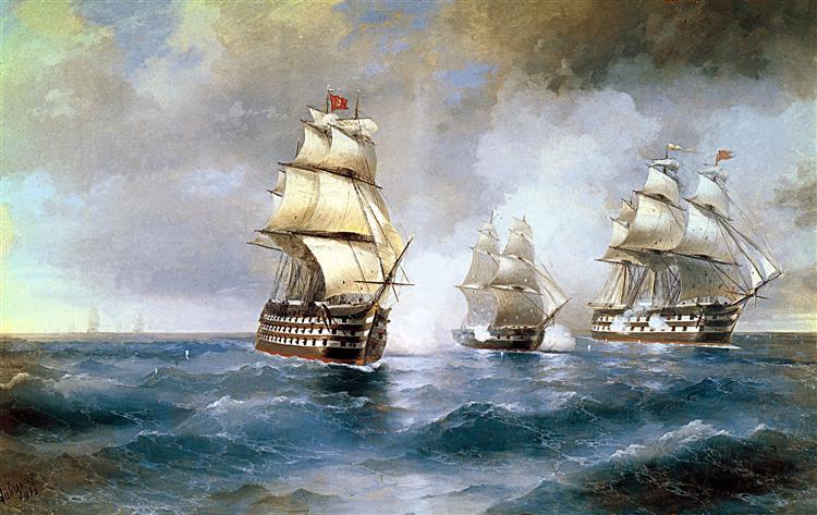 El bergantín «Mercury» atacado por dos barcos turcos, 1892 - Iván Aivazovski