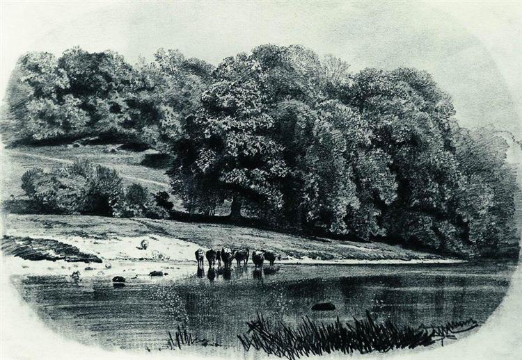 Herd on the river bank - Ivan Shishkin