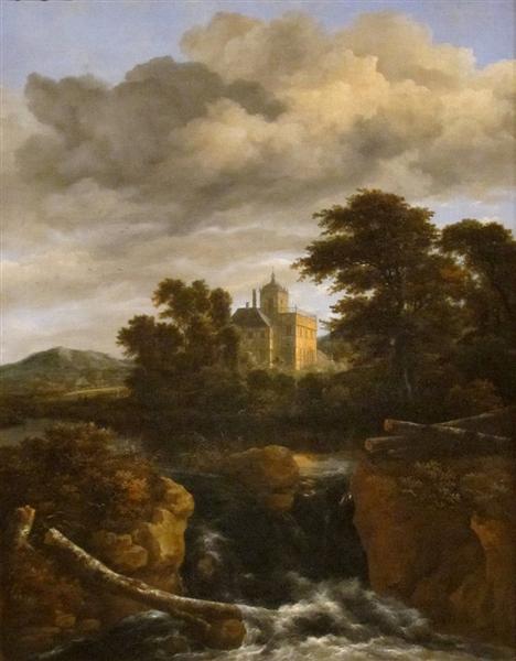 Felsige Landschaft mit Burg und Cascade, 1670 - Jacob van Ruisdael