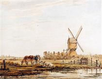 Landscape with mill and cattle - Jacob van Strij