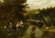 A Wooded Landscape with Peasants in a Horse-Drawn Cart Travelling Down a Flooded Road - Ян Сіберехтс