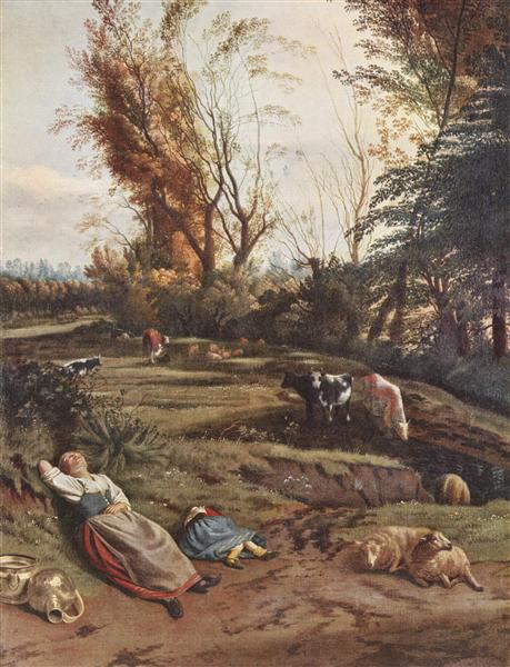 Pasture with two sleeping Shepherdesses - Jan Siberechts