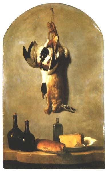 Nature morte au lièvre, canard, miche de pain, fromage et bouteilles de vin, 1742 - Jean-Baptiste Oudry