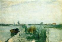 Scene along a Dutch River - Джон Генри Твахтман (Tуоктмен)
