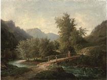 A mountainous wooded river landscape with a figure crossing a bridge - John O'Connor