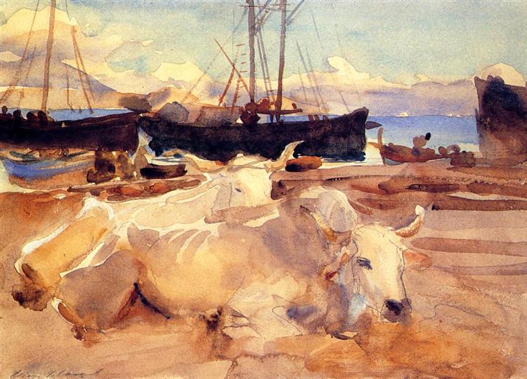 Oxen on the Beach at Baia, c.1908 - John Singer Sargent