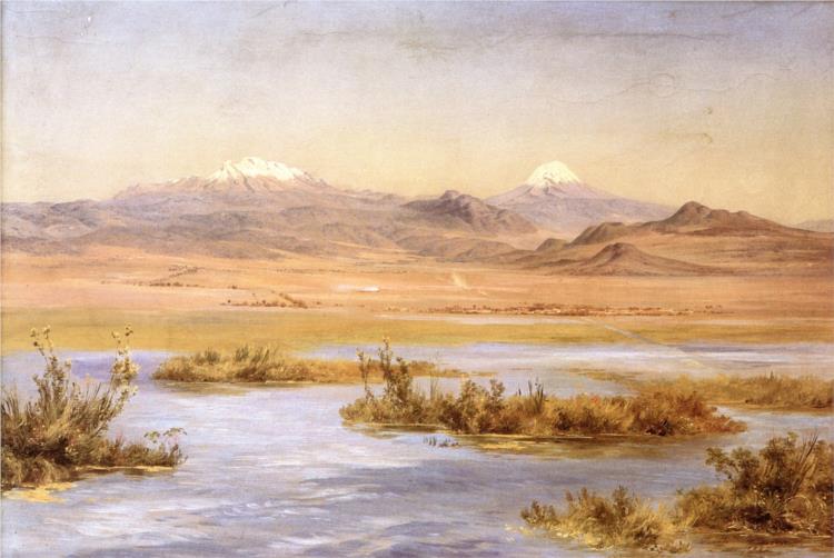 El Popocatépetl y el Iztaccíhuatl desde el lago de Chalco, 1885 - Хосе Марія Веласко