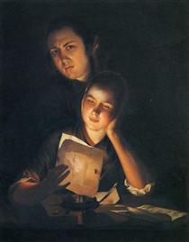 A Girl reading a letter by Candlelight, with a Young Man peering over her shoulder - Джозеф Райт