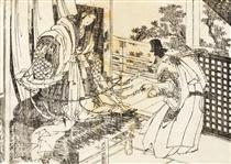 A woman in shinto shrine has a stick with a lot of paper leaves - Katsushika Hokusai