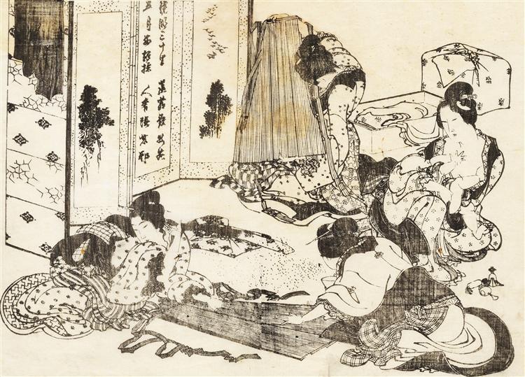 Scene of housekeeping. Four women are working - Hokusai