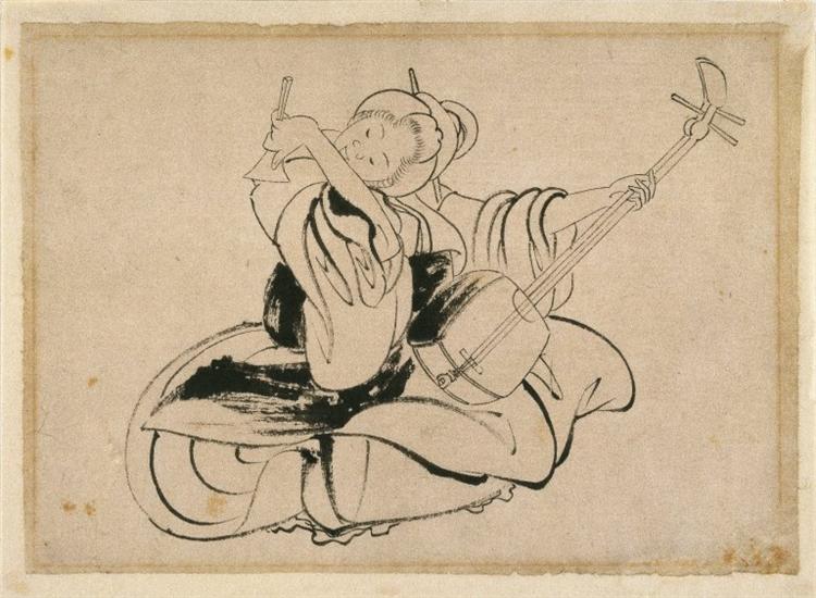 Seated Woman with Shamisen - Hokusai