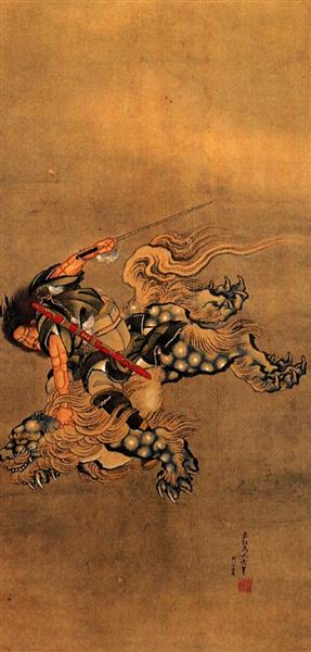 Shoki riding a shishi lion - Hokusai