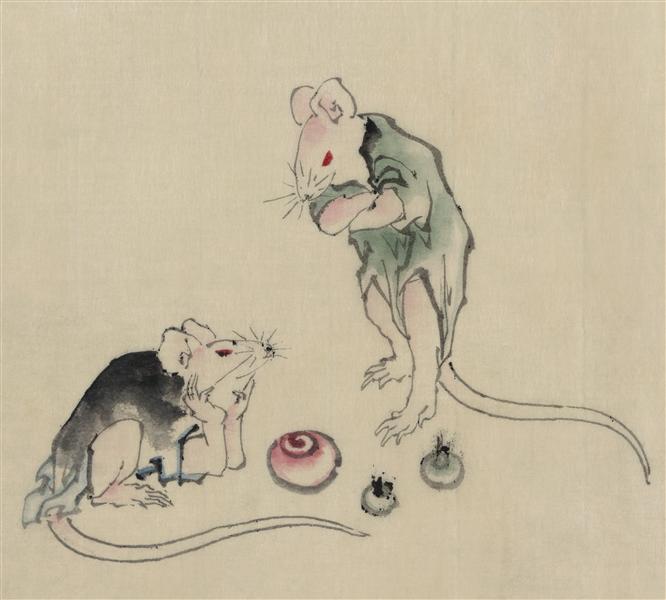 Two mice, one lying on the ground with head resting on forepaws - Hokusai