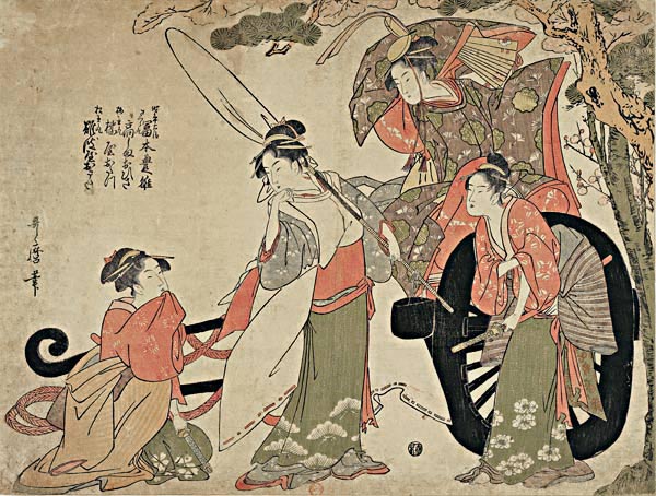 Mitate of the broken cart, showing an episode of the fight between Michizane and the Fujiwara - Kitagawa Utamaro