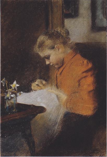 Leopoldine Steindl-Moser, eine Schwester des Künstlers, nähend, c.1895 - Коломан Мозер