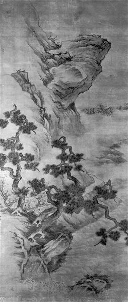 Landscape with a Precipitous River-bank with Gnarled Pines and Three Men - 藍瑛
